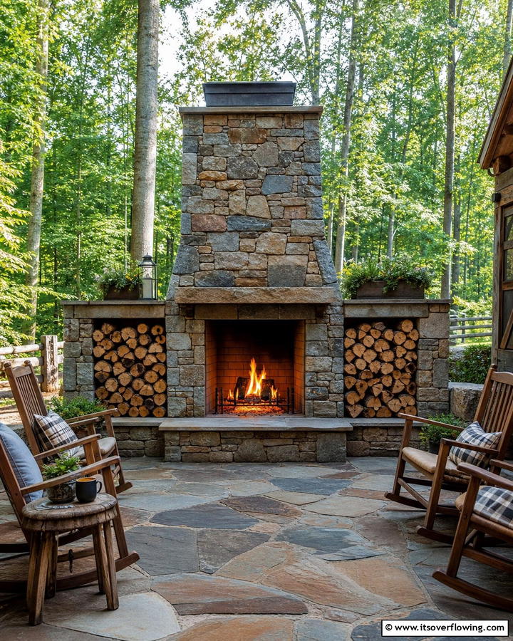 Fireplace with Log Storage - 20 Rustic Outdoor Fireplace Ideas for Cozy Evenings