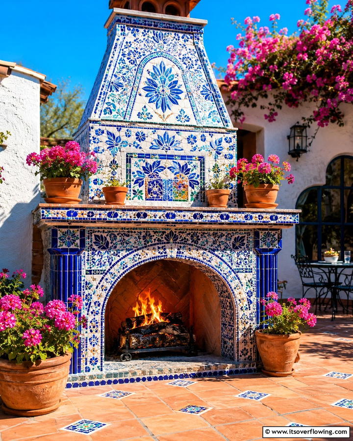 Fireplace with Mosaic Tiles - 25 Outdoor Fireplace Ideas to Enhance Your Backyard