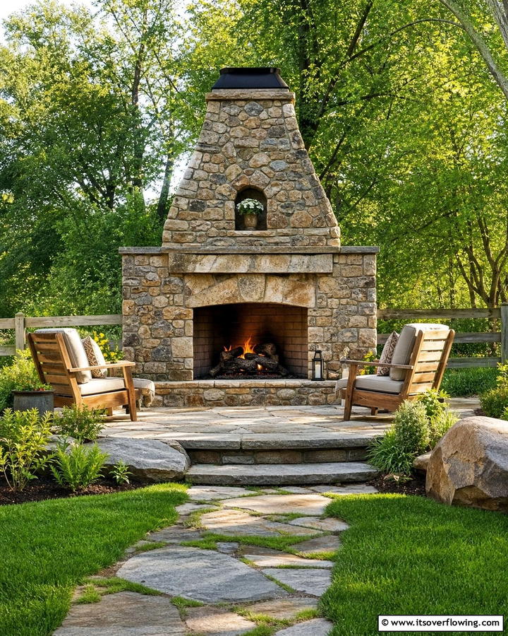 Fireplace with Natural Stone Surround - 20 Rustic Outdoor Fireplace Ideas for Cozy Evenings