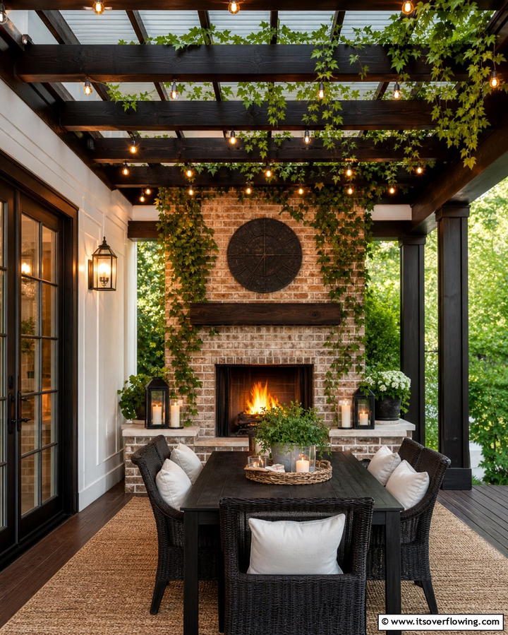 Fireplace with Overhead Pergola - 25 Porch Fireplace Ideas for Cozy Outdoor Evenings