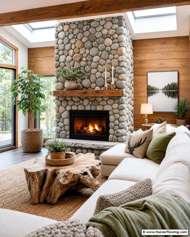 Fireplace with River Rock Surround - 25 Cozy Cabin Fireplace Ideas for a Warm Retreat