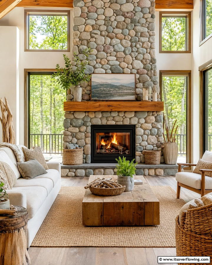 Fireplace with River Rock - 25 Cozy Cabin Fireplace Ideas for a Warm Retreat