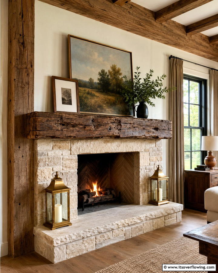 Fireplace with Rustic Beam Mantel - 25 Rustic Fireplaces to Warm Up Your Living Space