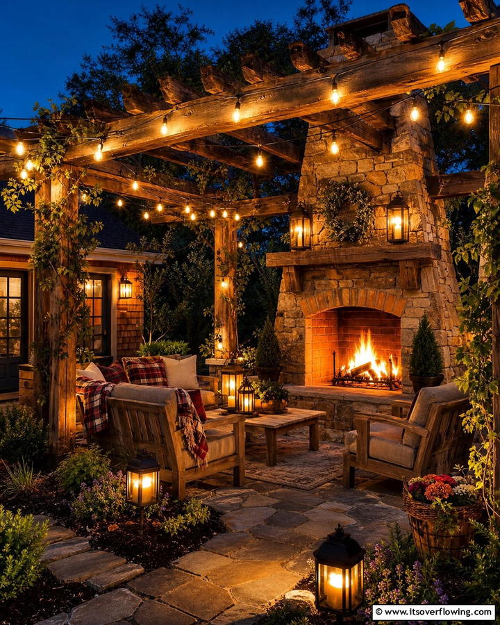 Fireplace with Rustic Lighting - 20 Rustic Outdoor Fireplace Ideas for Cozy Evenings