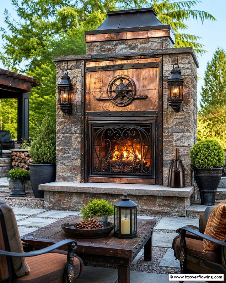 Fireplace with Rustic Metal Accents - 20 Rustic Outdoor Fireplace Ideas for Cozy Evenings