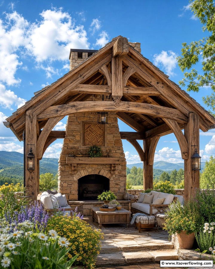 Fireplace with Rustic Timber Frame - 20 Rustic Outdoor Fireplace Ideas for Cozy Evenings