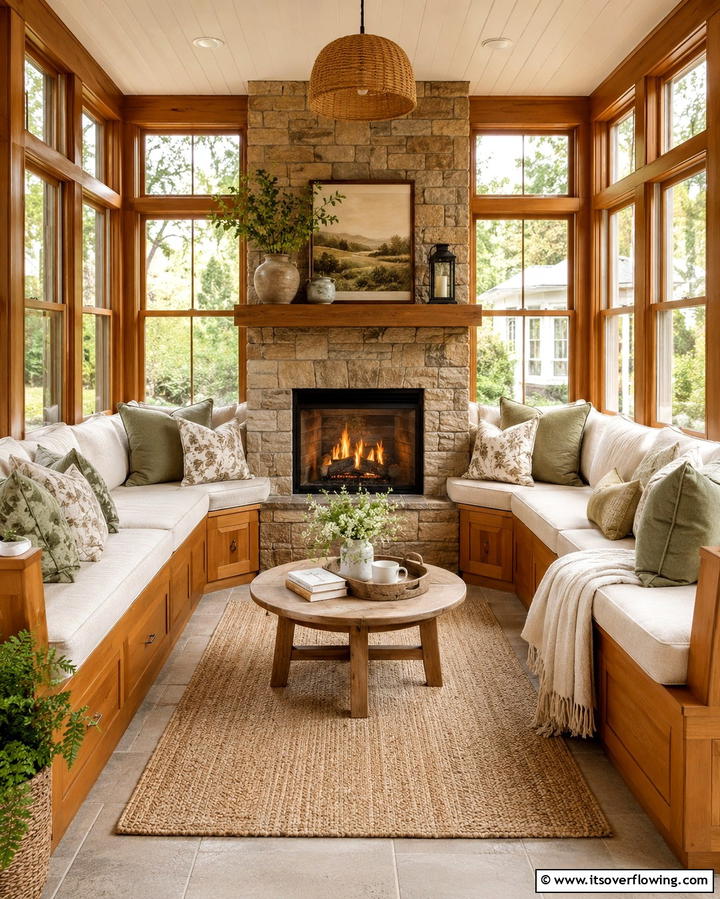 Fireplace with Seating Nook - 25 Sunroom With Fireplace Ideas for Cozy Gatherings
