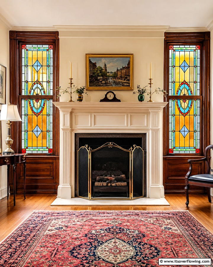 Fireplace with Stained Glass Windows on Each Side - 25 Fireplace Between Windows Ideas for Cozy Homes