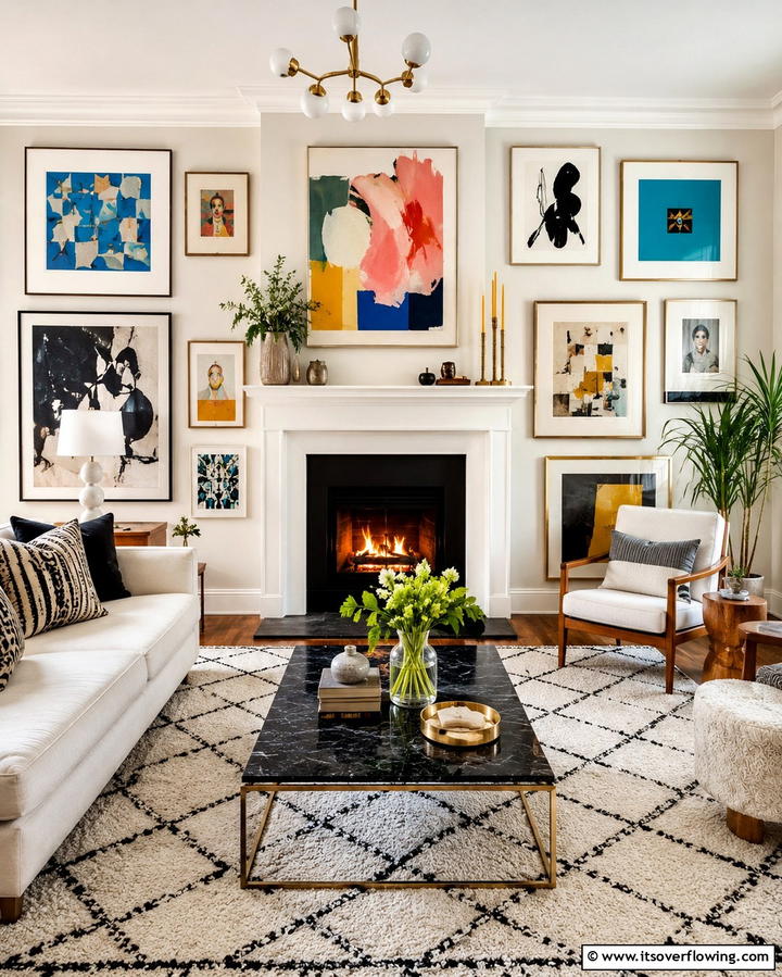 Fireplace with Surrounding Artwork - 25 Off-center Fireplace Ideas for a Unique and Modern Living Room