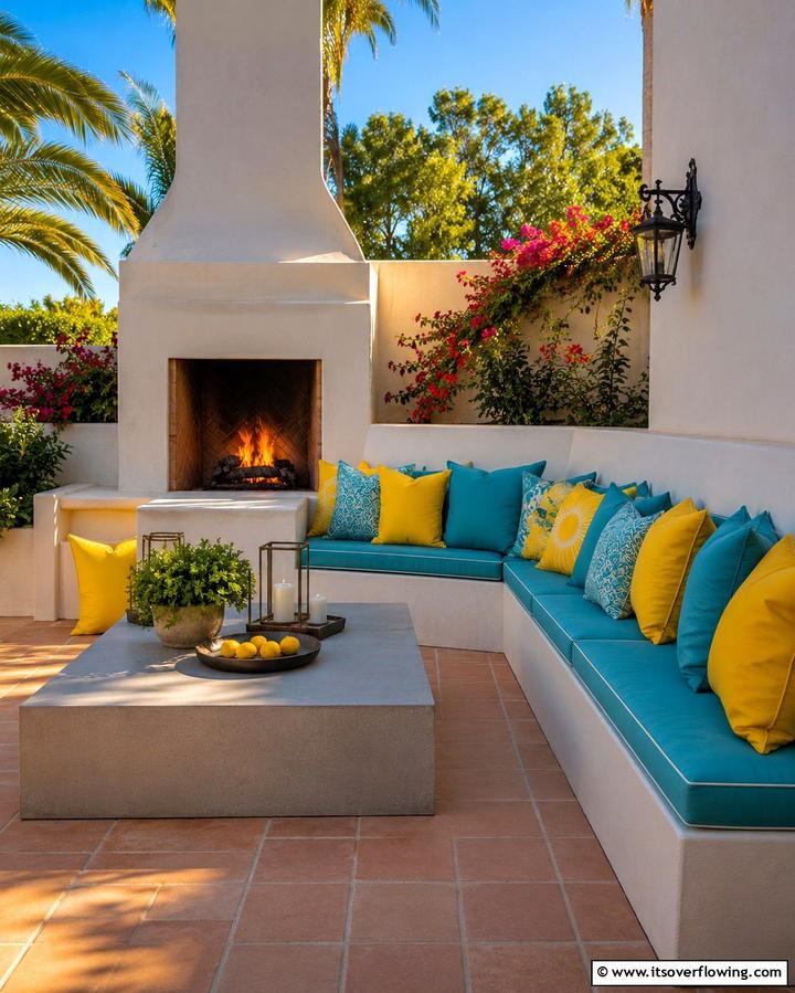 Fireplace with Surrounding Built in Benches - 25 Outdoor Corner Fireplace Ideas for Cozy Nights