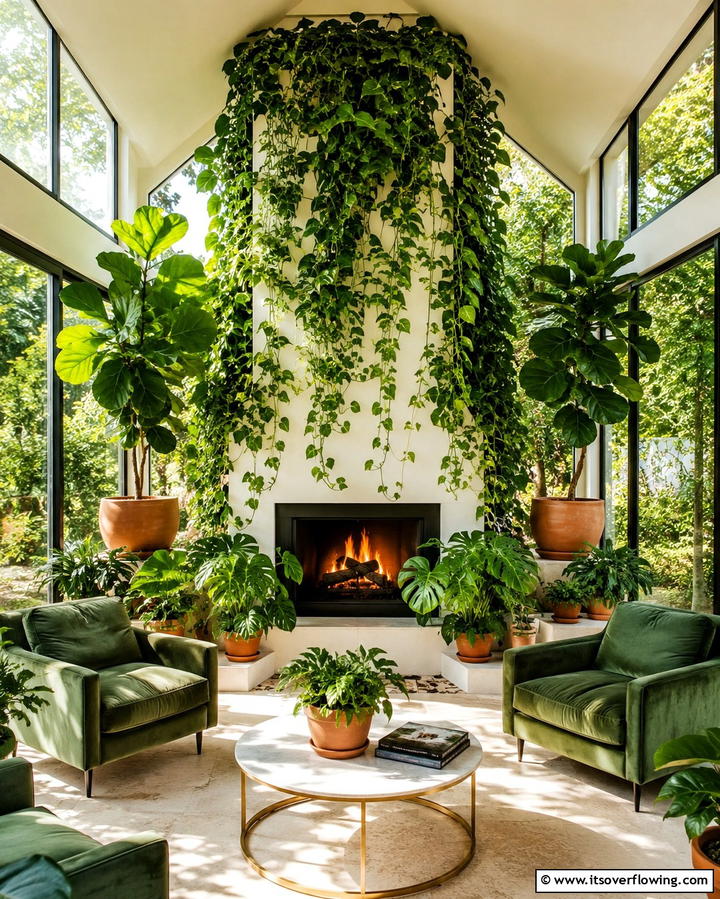 Fireplace with Surrounding Plants - 25 Sunroom With Fireplace Ideas for Cozy Gatherings
