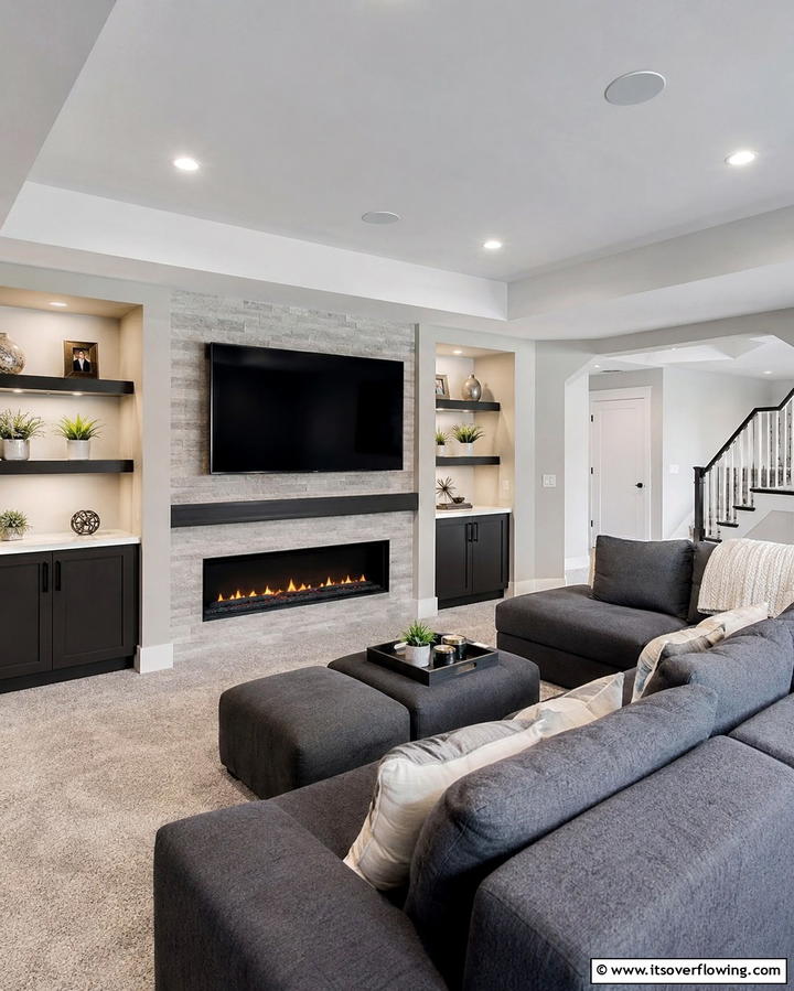 Fireplace with TV Mount - 25 Cozy Basement Fireplace Ideas for Warm Gatherings