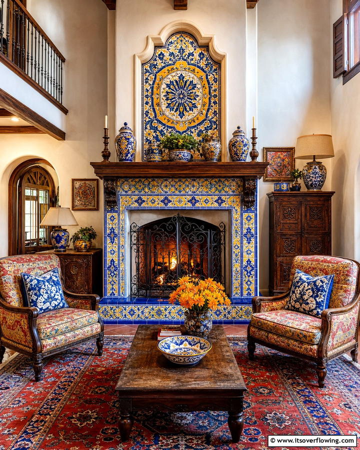 Fireplace with Tile Surround - 25 Spanish Style Living Room Ideas for Timeless Elegance