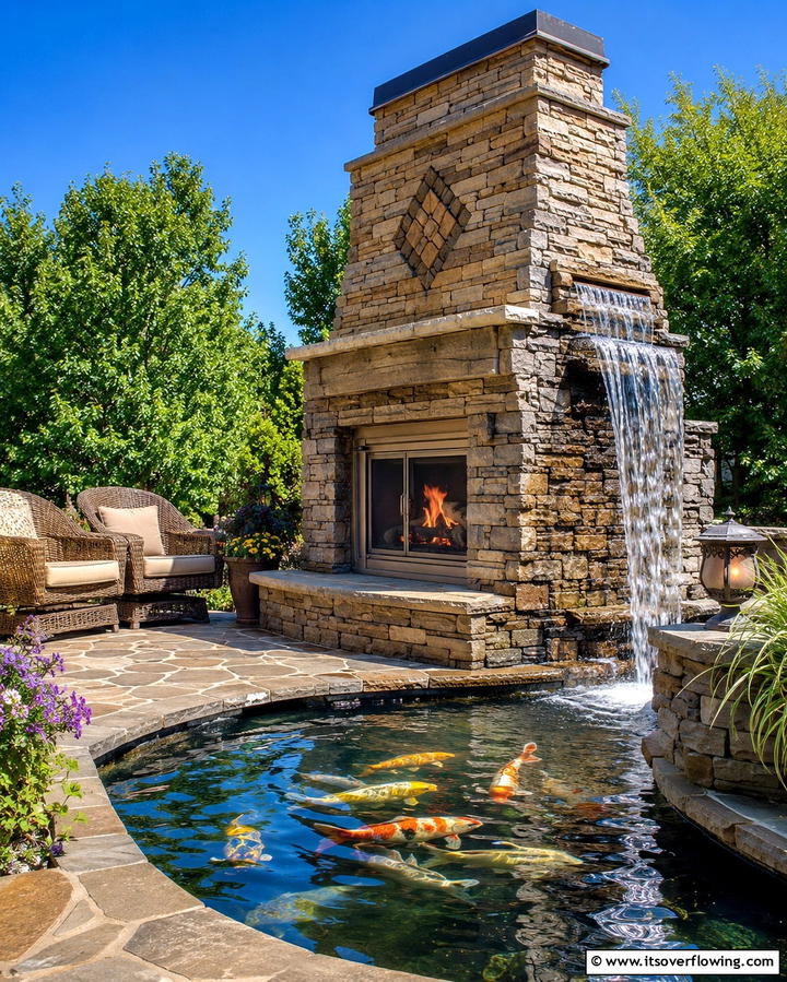 Fireplace with Water Feature - 25 Outdoor Fireplace Ideas to Enhance Your Backyard