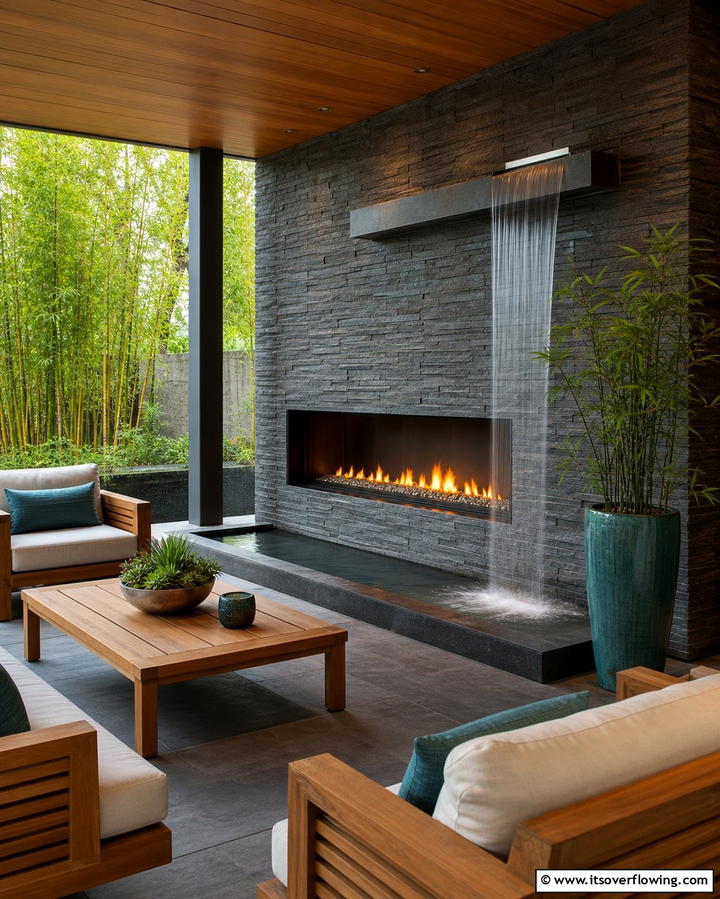 Fireplace with Water Feature - 25 Porch Fireplace Ideas for Cozy Outdoor Evenings