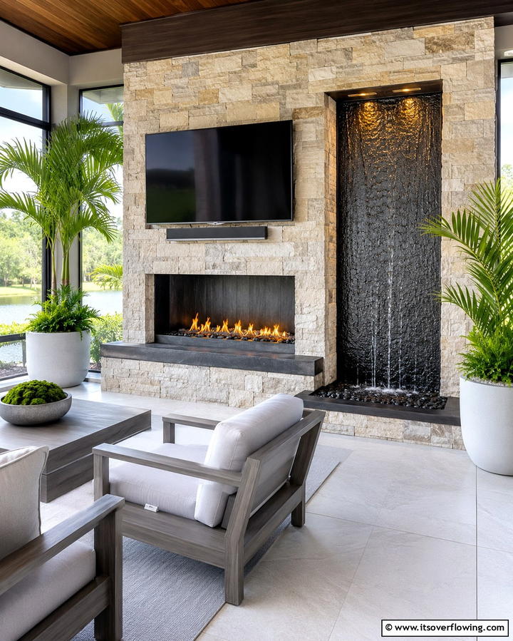 Fireplace with Water Feature - 25 Screened-in Porch With Fireplace Ideas for Cozy Evenings