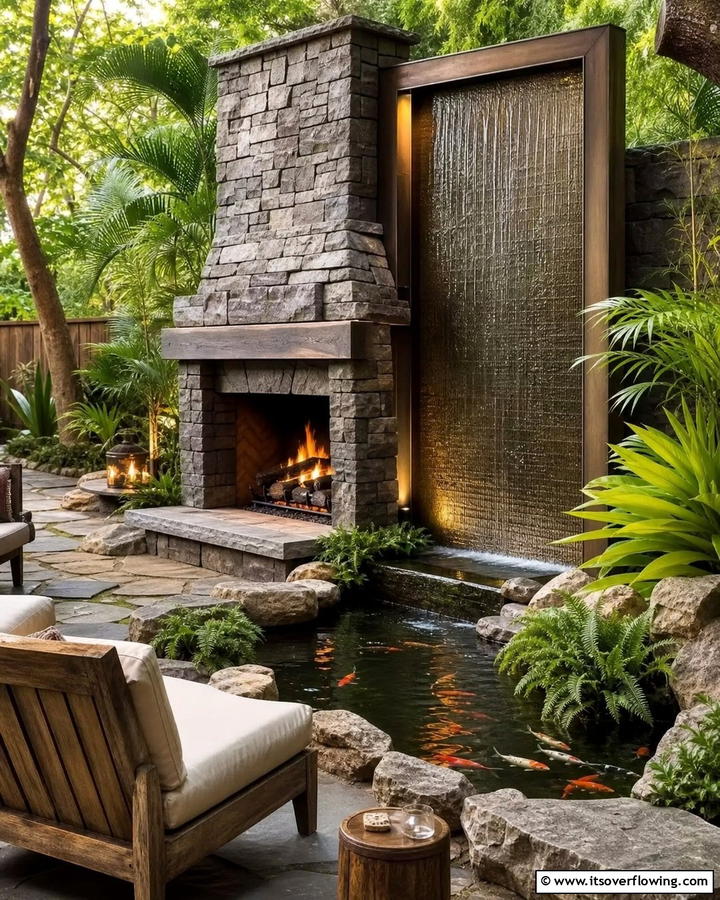 Fireplace with Water Feature - 20 Rustic Outdoor Fireplace Ideas for Cozy Evenings
