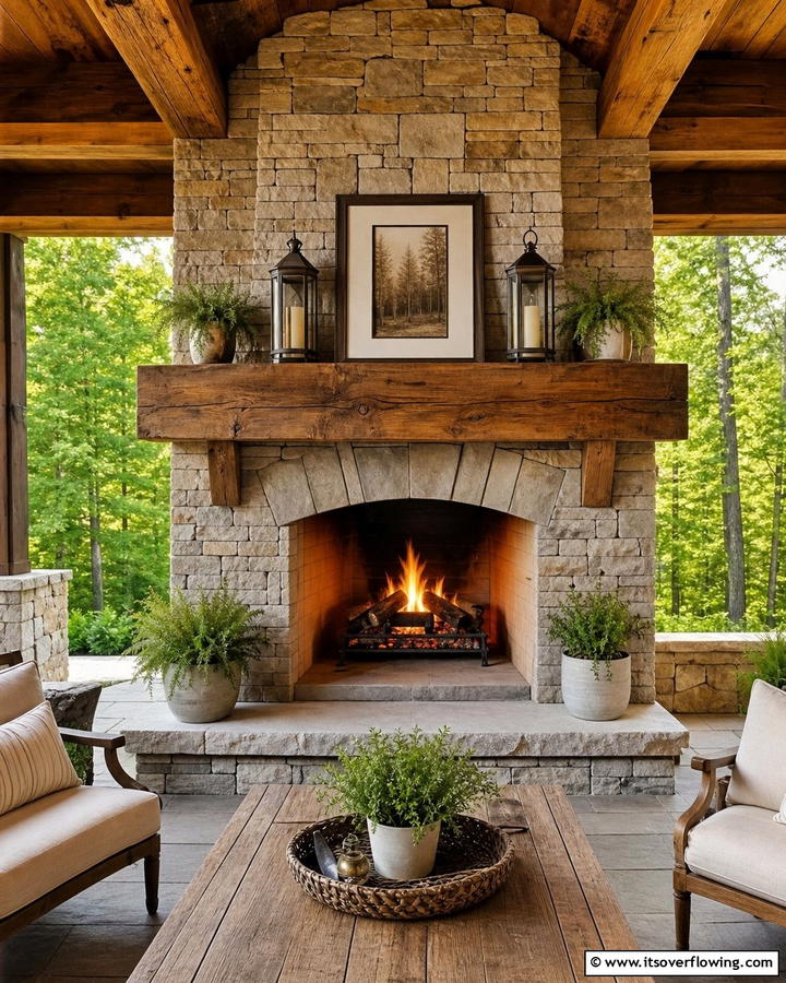 Fireplace with Wooden Mantel - 20 Rustic Outdoor Fireplace Ideas for Cozy Evenings