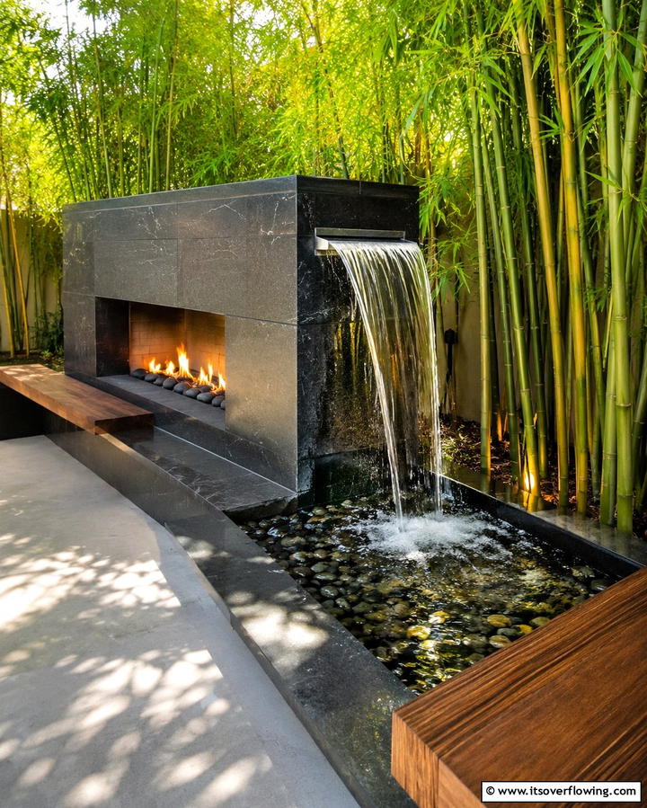 Fireplace with a Water Feature Integration - 25 Outdoor Corner Fireplace Ideas for Cozy Nights