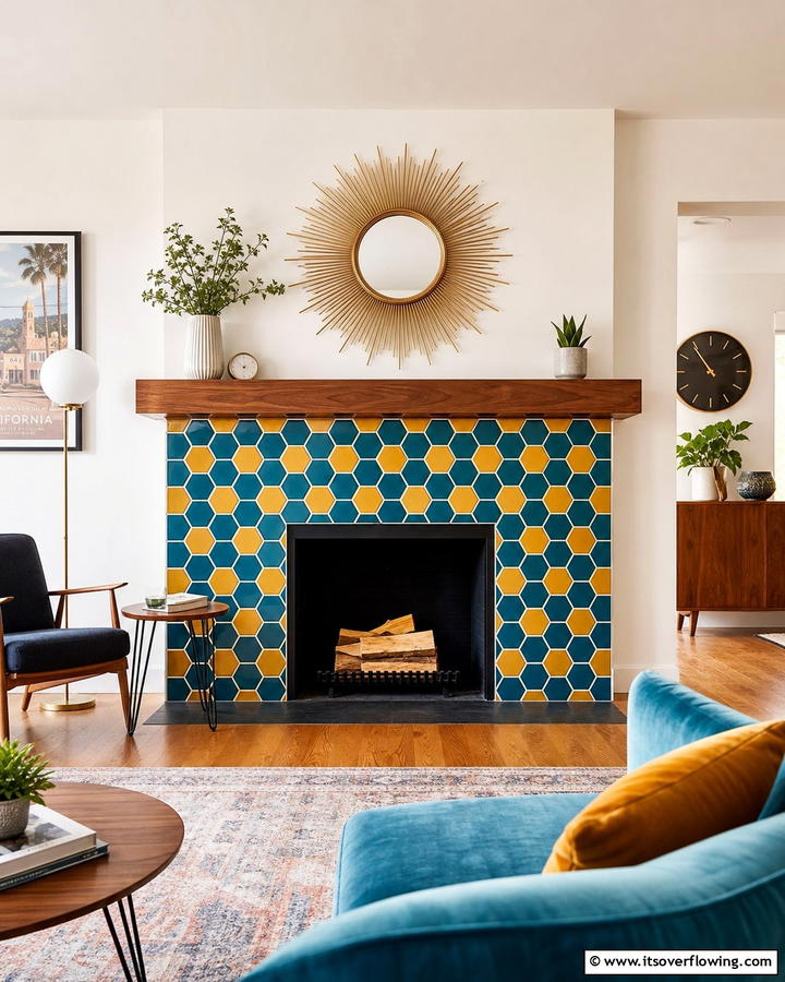 Fireplaces with Geometric Tile Surrounds - 20 Mid-century Modern Fireplace Ideas for a Retro Look