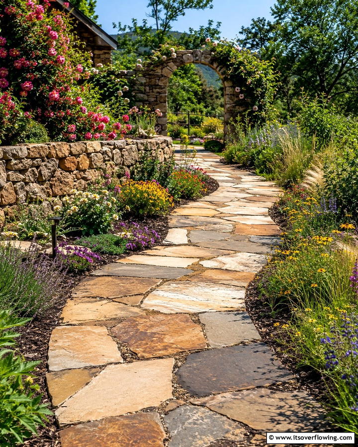 Flagstone Curved Paths - 25 Curved Walkway Ideas for a Charming Garden Path