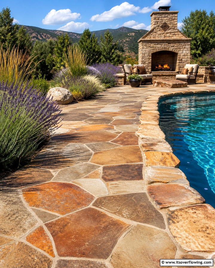 Flagstone Finish - 25 Stamped Concrete Pool Deck Ideas for Durability