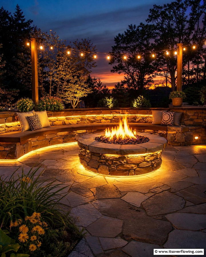 Flagstone Fire Pit with Built In Lighting - 20 Flagstone Fire Pit Ideas for a Cozy Backyard