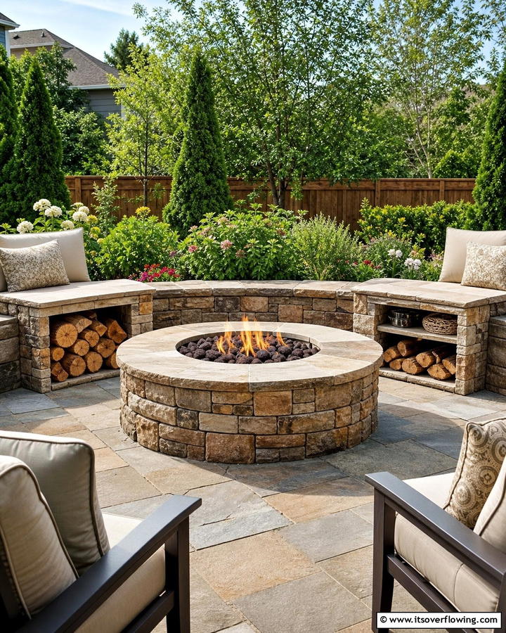 Flagstone Fire Pit with Built In Storage - 20 Flagstone Fire Pit Ideas for a Cozy Backyard
