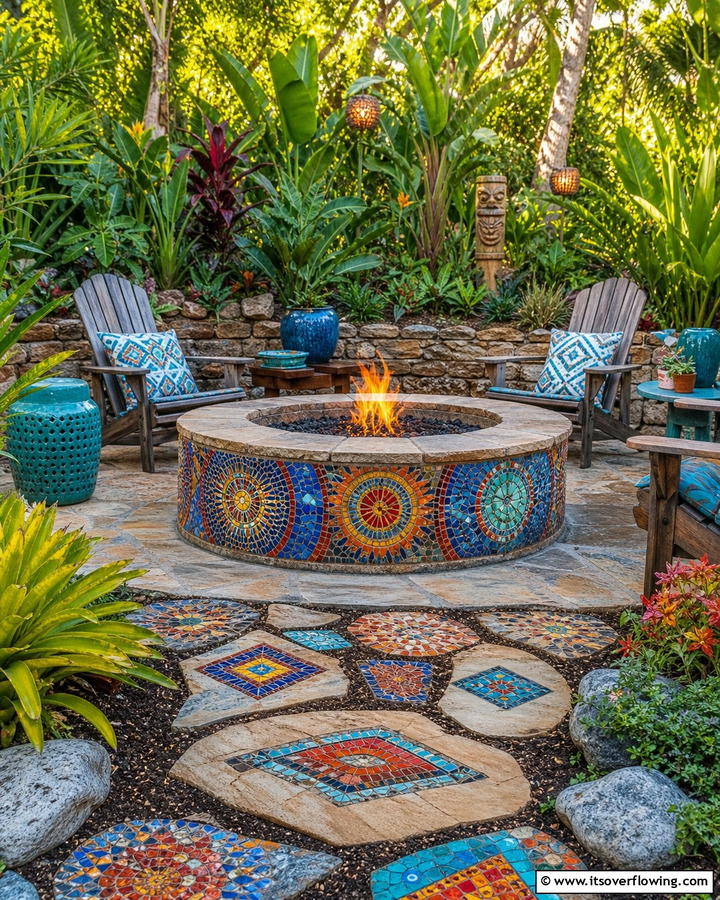 Flagstone Fire Pit with Custom Mosaic Design - 20 Flagstone Fire Pit Ideas for a Cozy Backyard