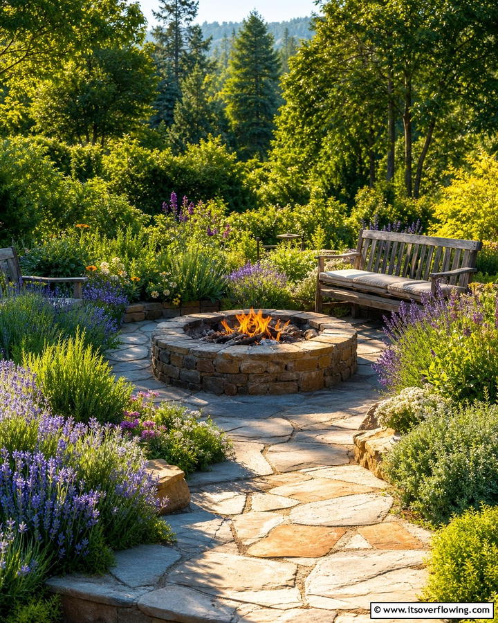 Flagstone Fire Pit with Garden Surround - 20 Flagstone Fire Pit Ideas for a Cozy Backyard