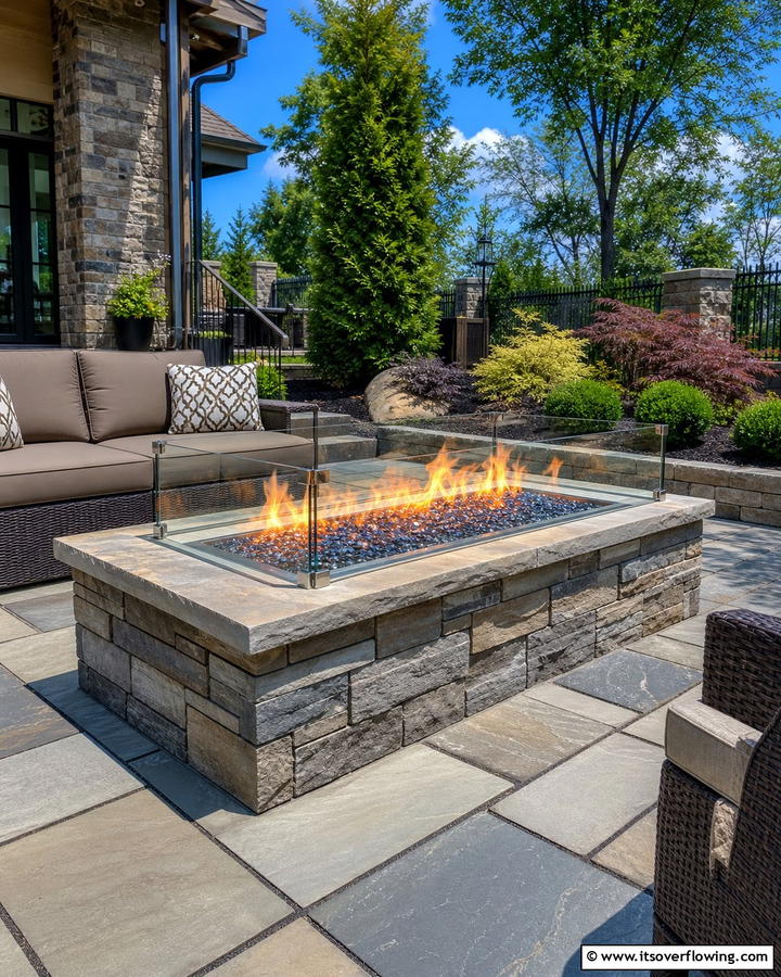 Flagstone Fire Pit with Glass Accents - 20 Flagstone Fire Pit Ideas for a Cozy Backyard