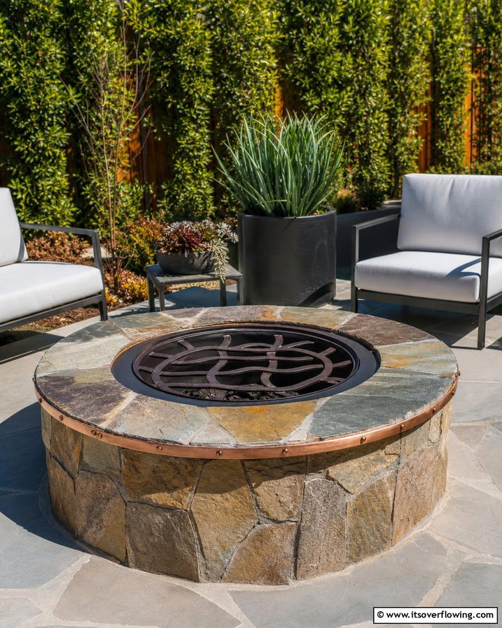 Flagstone Fire Pit with Metal Accents - 20 Flagstone Fire Pit Ideas for a Cozy Backyard