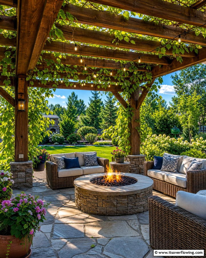 Flagstone Fire Pit with Pergola - 20 Flagstone Fire Pit Ideas for a Cozy Backyard
