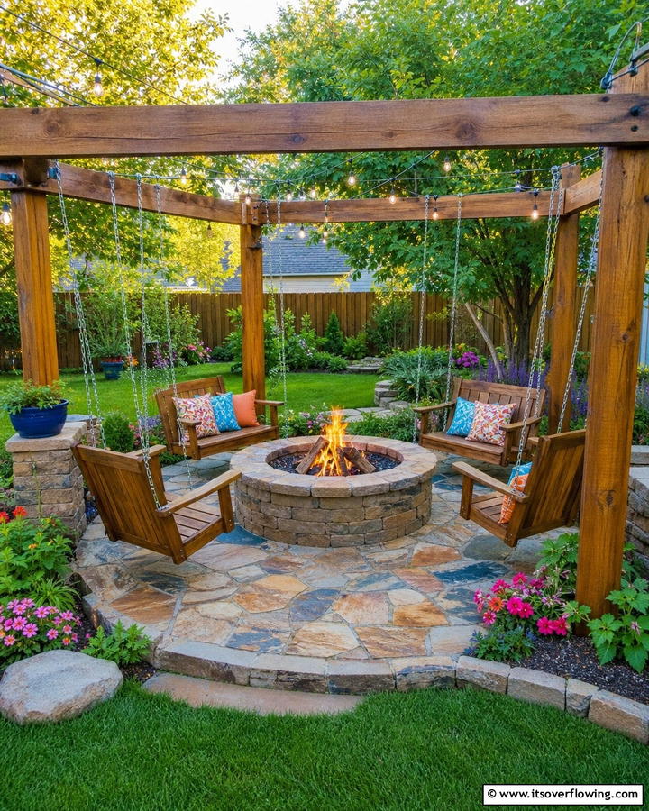 Flagstone Fire Pit with Swing Seating - 20 Flagstone Fire Pit Ideas for a Cozy Backyard