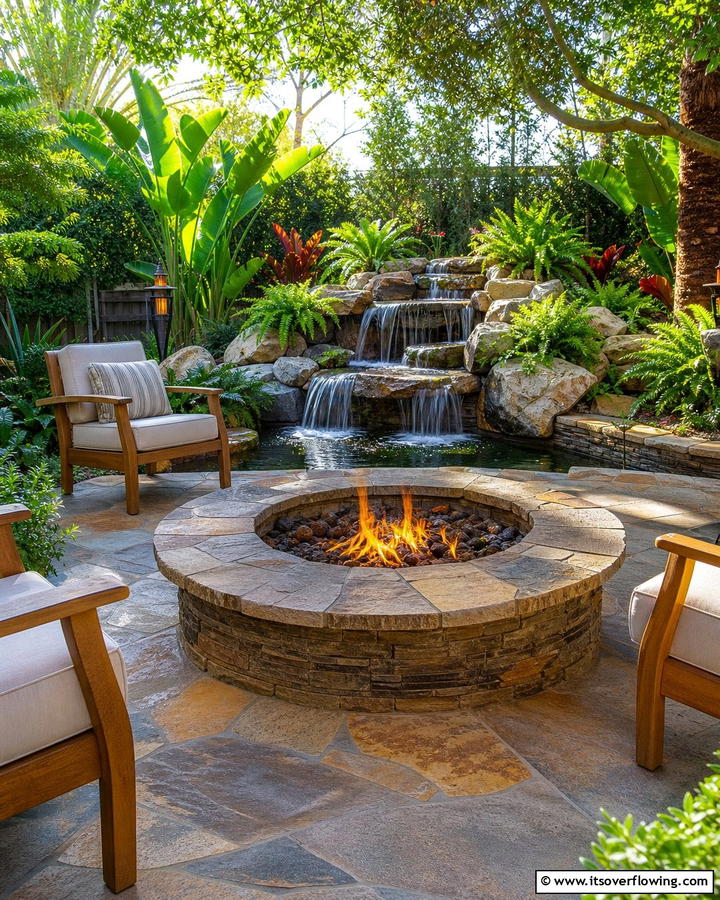 Flagstone Fire Pit with Water Feature - 20 Flagstone Fire Pit Ideas for a Cozy Backyard