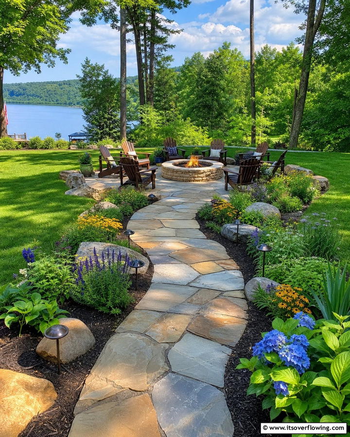 Flagstone Fire Pit with Winding Path - 20 Flagstone Fire Pit Ideas for a Cozy Backyard
