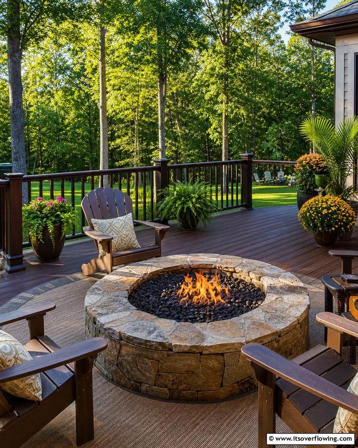 Flagstone Fire Pit with Wooden Deck - 20 Flagstone Fire Pit Ideas for a Cozy Backyard