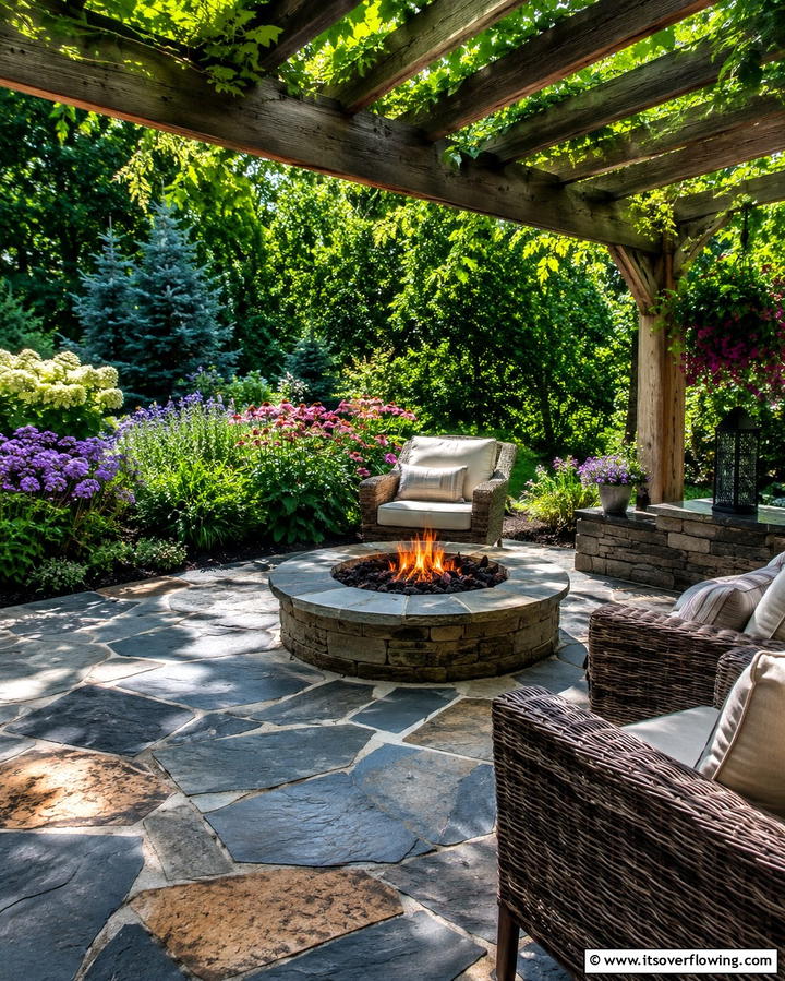 Flagstone Patio with Embedded Fire Pit - 20 Stone Patio With a Fire Pit Ideas for Cozy Nights