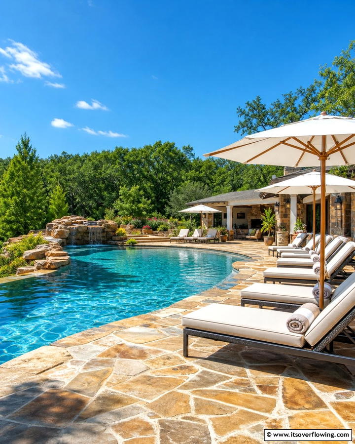 Flagstone Patio with Poolside Lounge - 25 Stunning Flagstone Patio Ideas for Outdoor Living