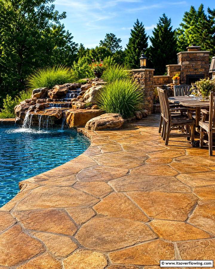 Flagstone Stamped Concrete - 25 Stamped Concrete Pool Deck Ideas for Durability