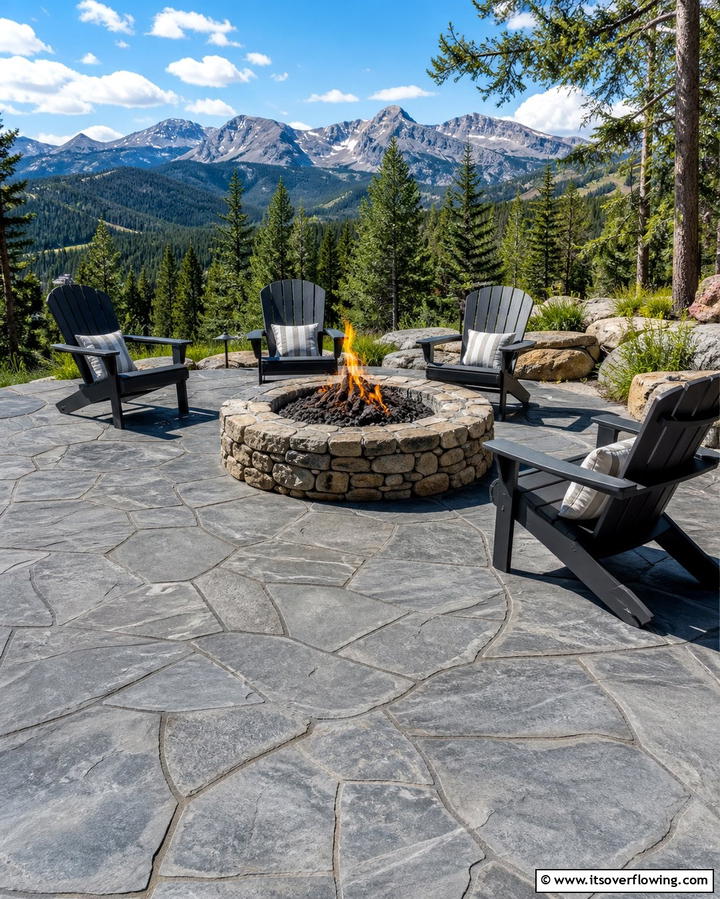 Flagstone Stamped Patio with Stone Fire Pit - 25 Stamped Concrete Patio With Fire Pit Ideas