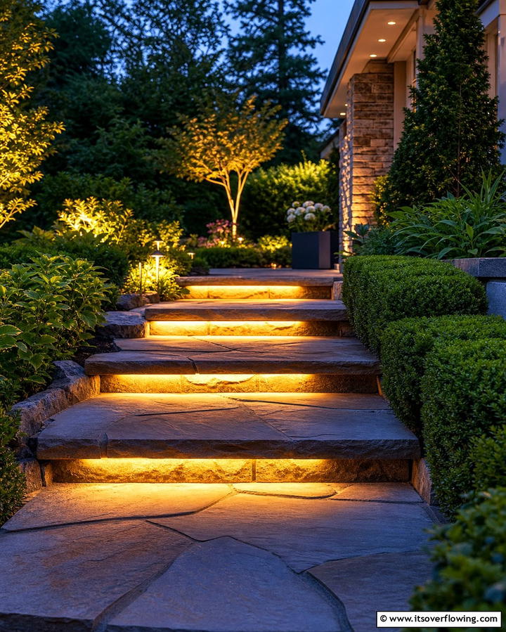 Flagstone Steps with Built In Lighting - 25 Flagstone Steps Ideas for Your Outdoor Pathway