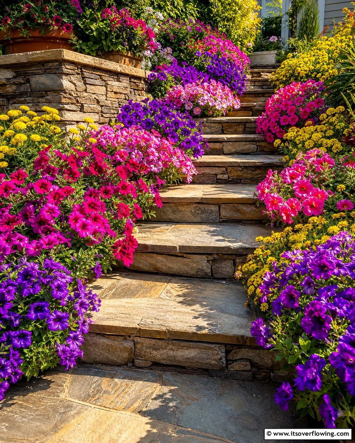 Flagstone Steps with Flowering Borders - 25 Flagstone Steps Ideas for Your Outdoor Pathway