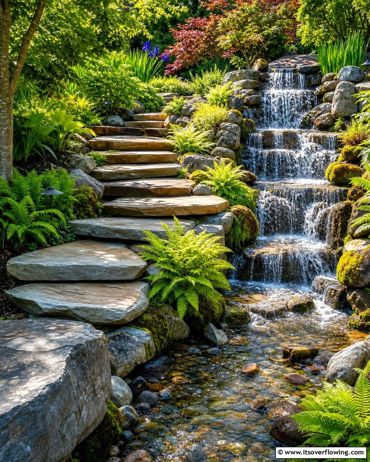 Flagstone Steps with Water Features - 25 Flagstone Steps Ideas for Your Outdoor Pathway