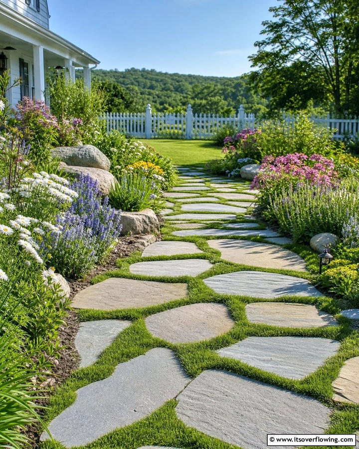 Flagstone Walkway with Grass Joints - 20 Farmhouse Walkway Ideas for a Rustic Charm