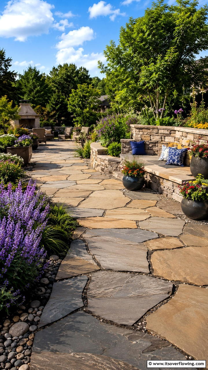 Flagstone Walkway with Integrated Seating - 30 Flagstone Walkway Ideas for Charming Pathways