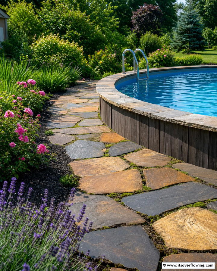 Flagstone Walkway - 20 Above Ground Pool Walkway Ideas for Safety
