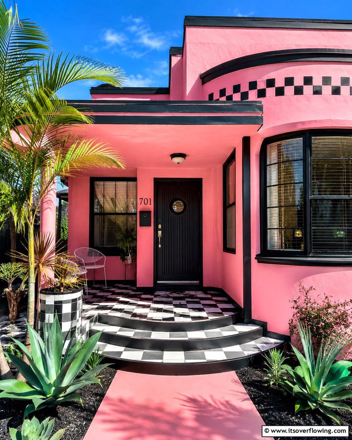 Flamingo Pink with Black and White Checkerboard Details - 25 Pink House Exterior Ideas for a Charming Look