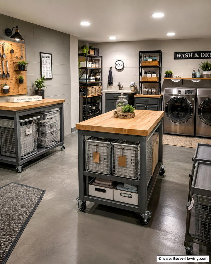 Flexible Space with Mobile Workstations - 30 Basement Laundry Room Ideas for Functional Utility Spaces