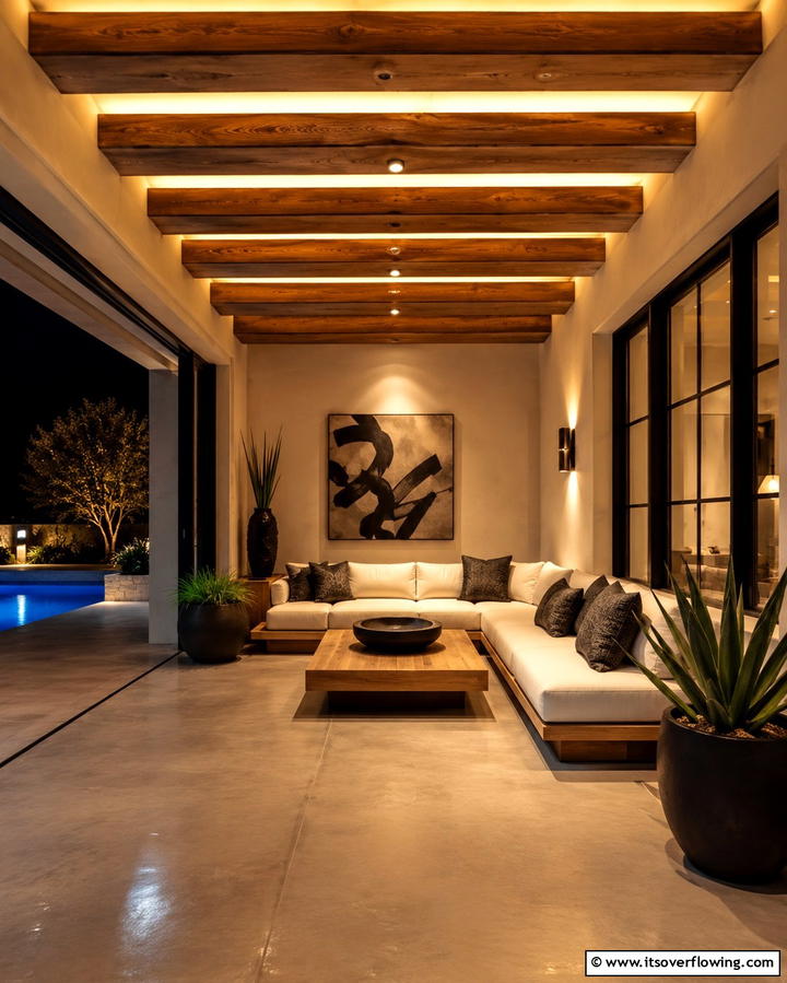 Floating Beam Illumination - 30 Porch Ceiling Ideas to Refresh Your Outdoor Entryway
